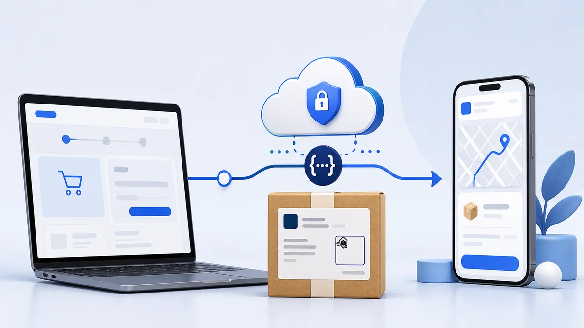 Parcours illustré reliant une boutique en ligne, une API, un colis et le mobile du livreur