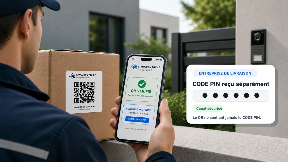 Livreur vérifiant un QR Livraison Facile sur son téléphone avant de recevoir séparément le code PIN de l’entreprise de livraison