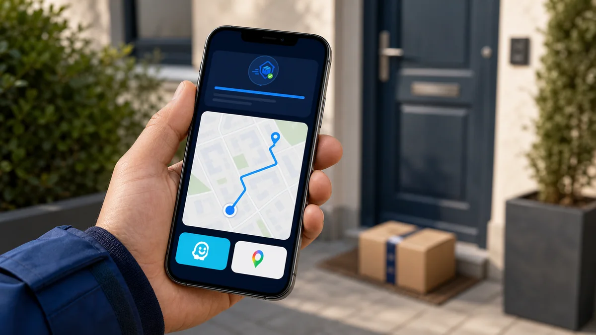 Téléphone de livreur affichant l’icône Livraison Facile, un itinéraire et les boutons Waze et Google Maps