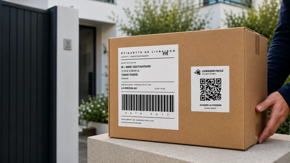 Carton portant une étiquette de livraison classique et un QR Livraison Facile