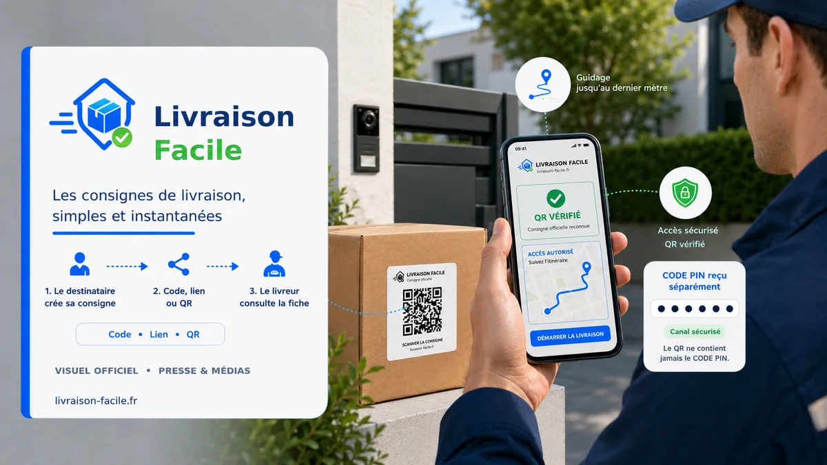 Visuel éditorial Livraison Facile avec le logo, le nom de la marque, un colis et un mobile de livraison